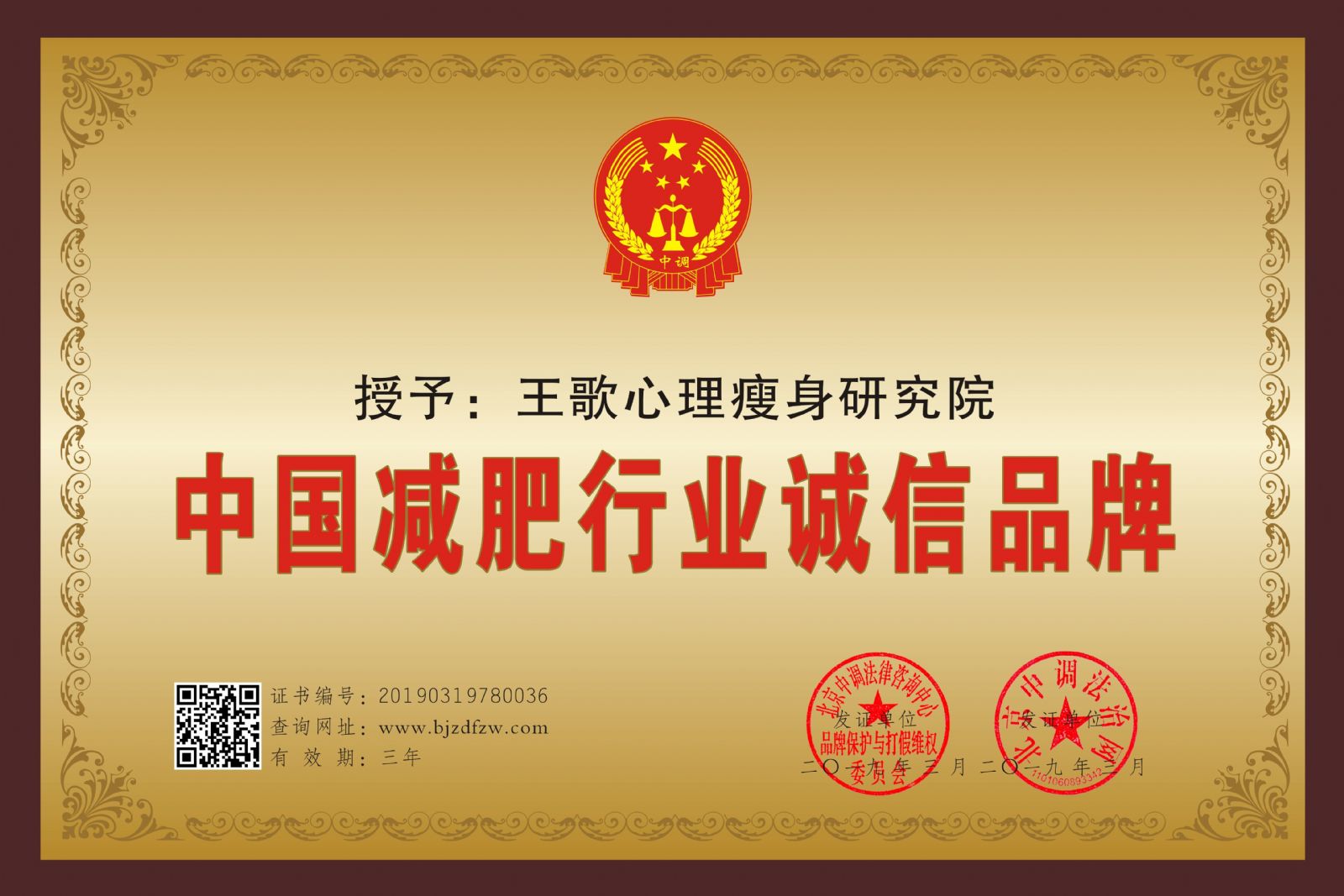 王歌心理瘦身研究院荣获“中国减肥行业诚信品牌”